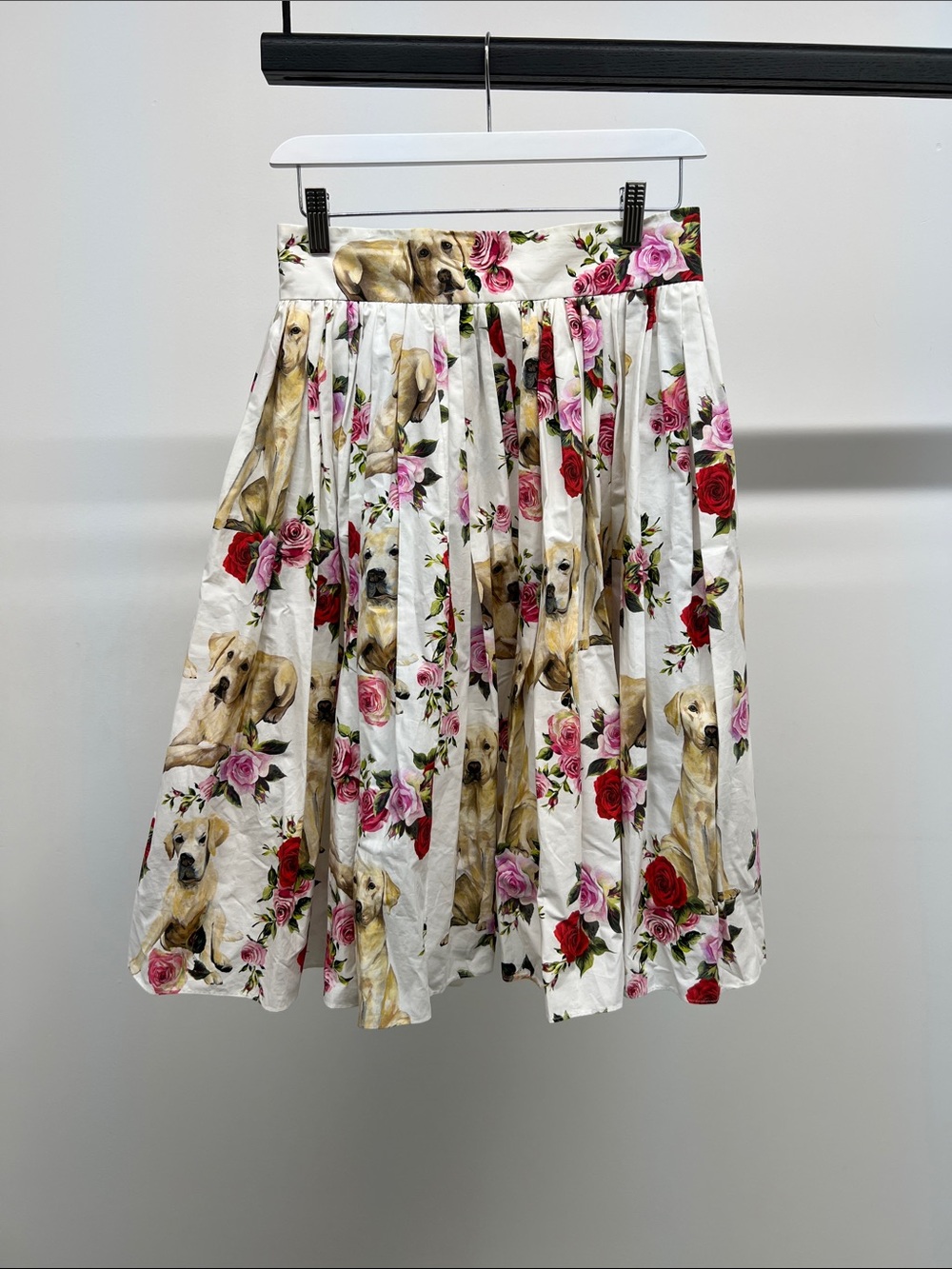 Dolce & Gabbana White Pleated Midi Skirt with Puppy and Rose Print